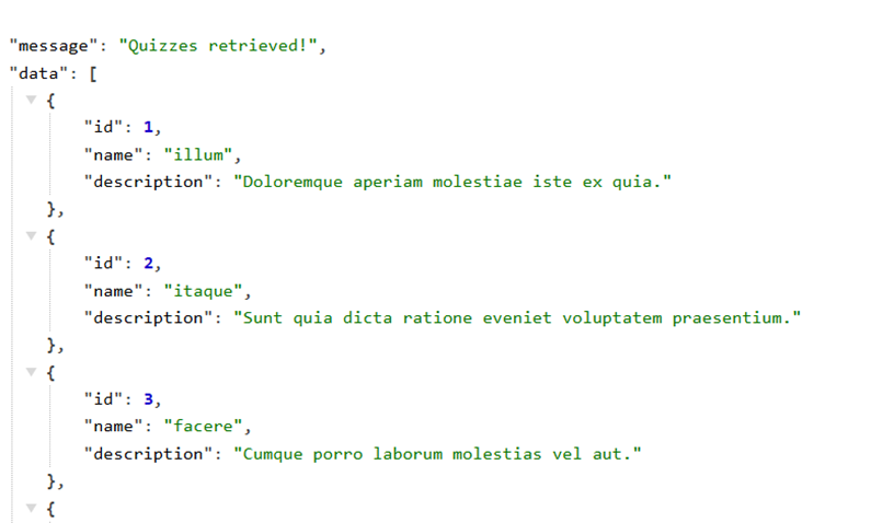 Screenshot of an API displaying information about quizzes