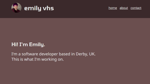 Screenshot of a portfolio website for emilyvhs, in muted pink/brown colours